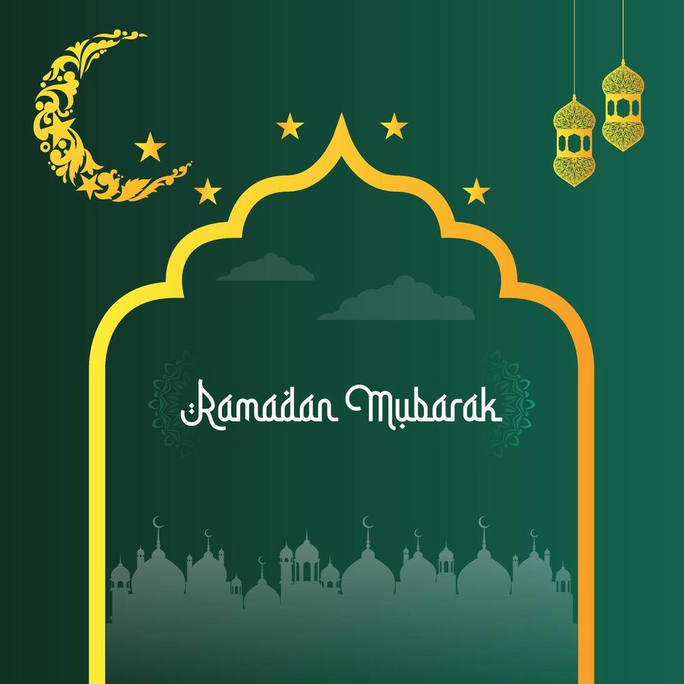 Ramadan mubarak mosque with moon, stars, lanterns and clouds at green and golden color. Eid Mubarak greeting post banner vector