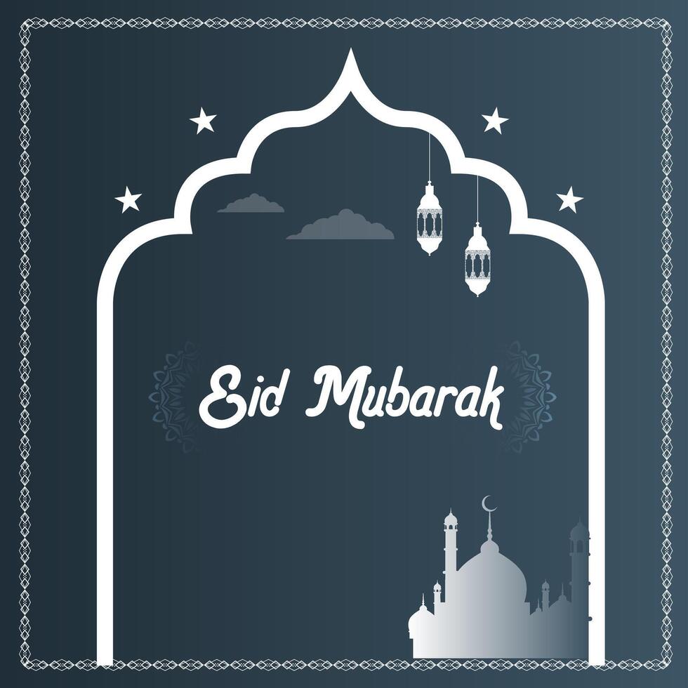 Islamic mosque with moon, stars, lanterns and clouds at night. Eid Mubarak greeting post banner vector