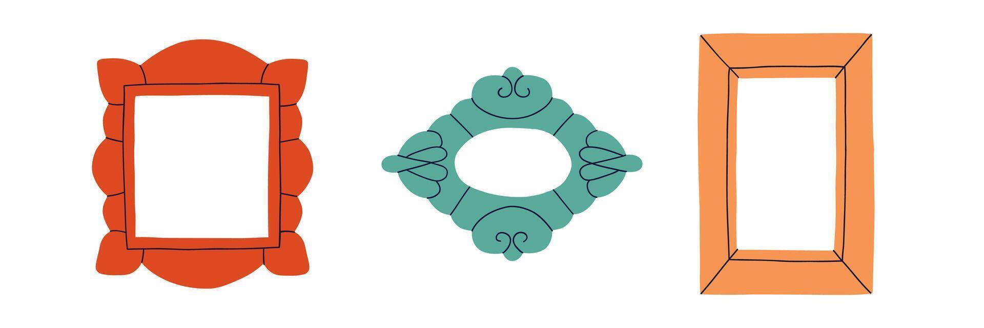 Set of decorative frame or border drawing in flat style. Interior, frame, decoration. Hand drawn illustration. vector