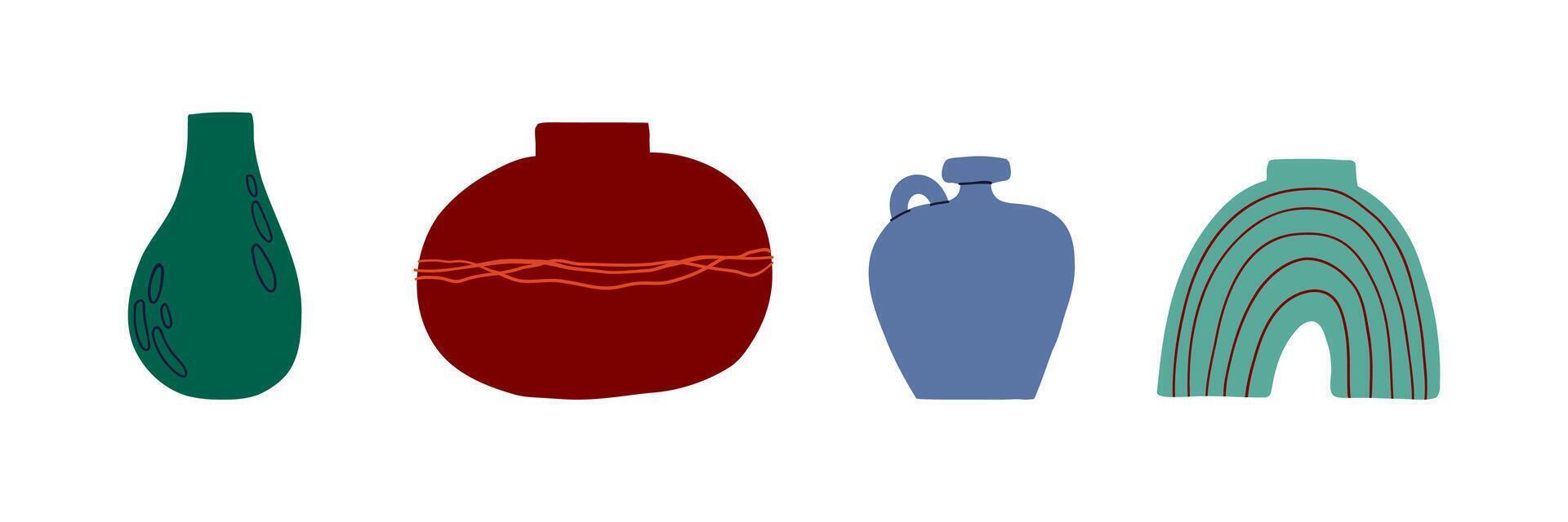 Set o interesting vase drawn in flat style. Interior, vase, decoration. Hand drawn illustration. vector