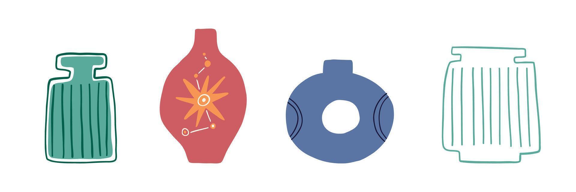 Set of cute interesting vase drawn in flat style. Interior, vase, decoration. Hand drawn illustration. vector
