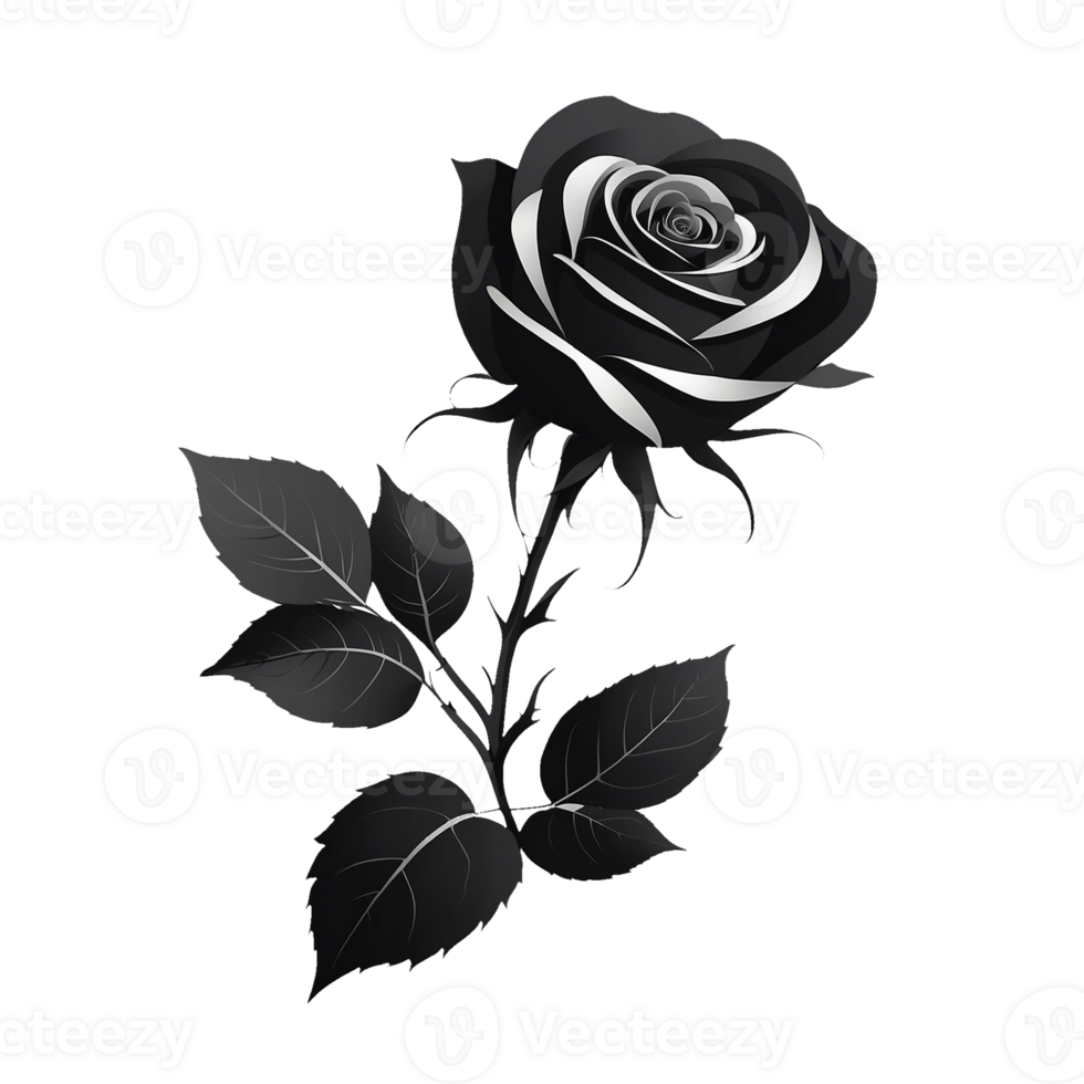 Elegant black rose flower in 2D style. png
