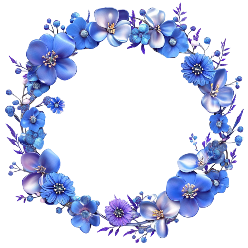 Blue Floral Wreath with Delicate Flowers and Leaves png