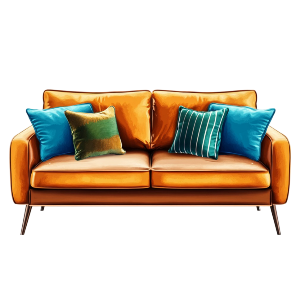 Modern Orange Couch with Colorful Pillows png