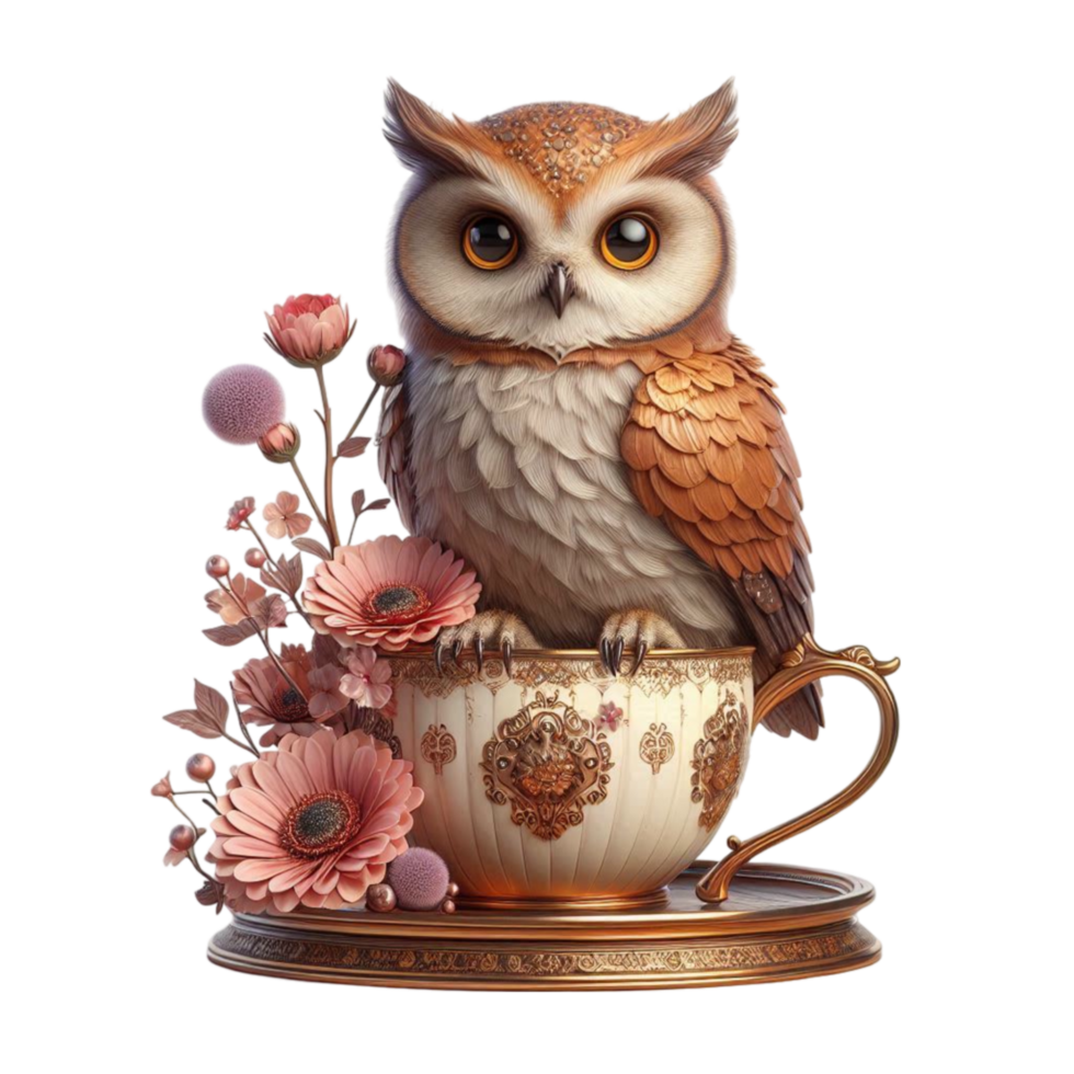 Wise Owl Sitting on a Teacup with Books png
