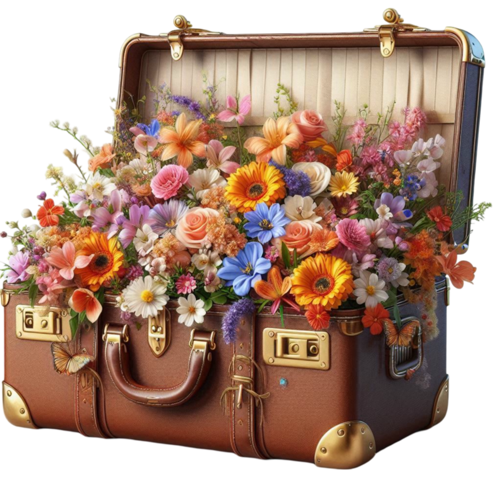 Vintage Suitcase with Overflowing Flowers png