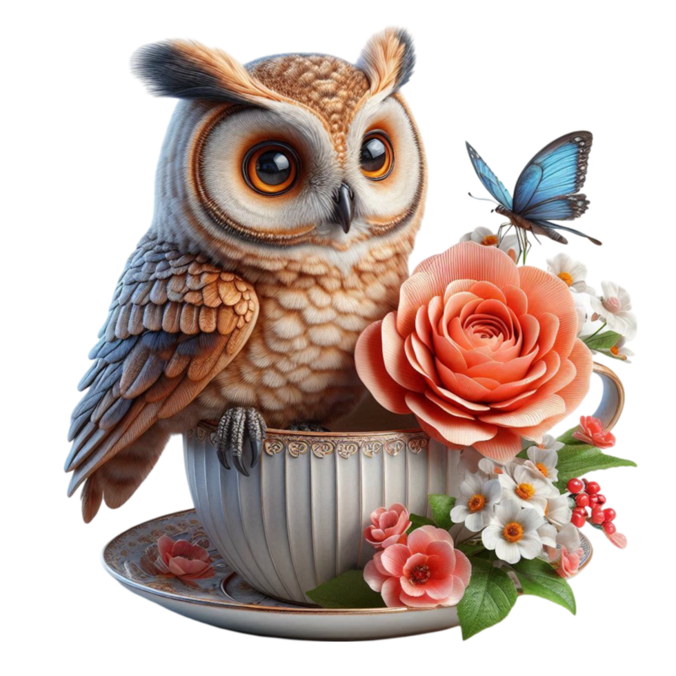 Wise Owl with Floral Accents and Elegant Teacup png