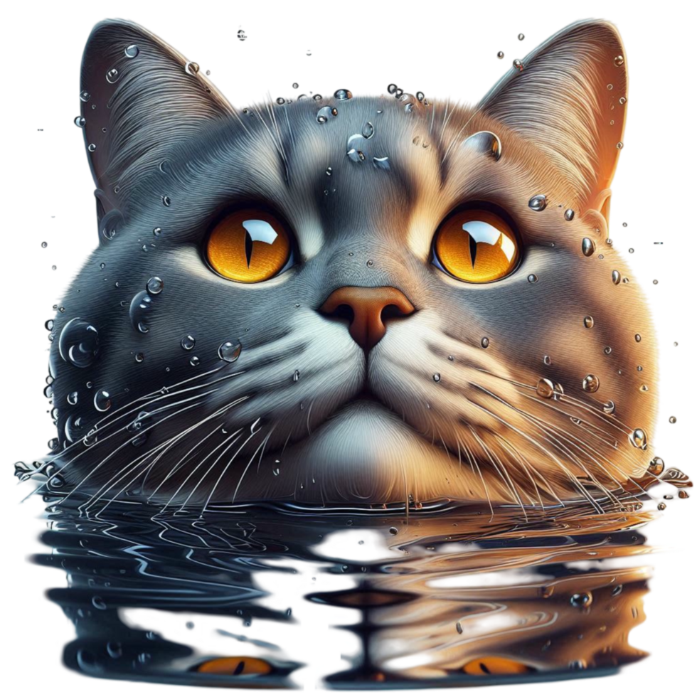Realistic Cat with Water Reflection and yellow Eyes png