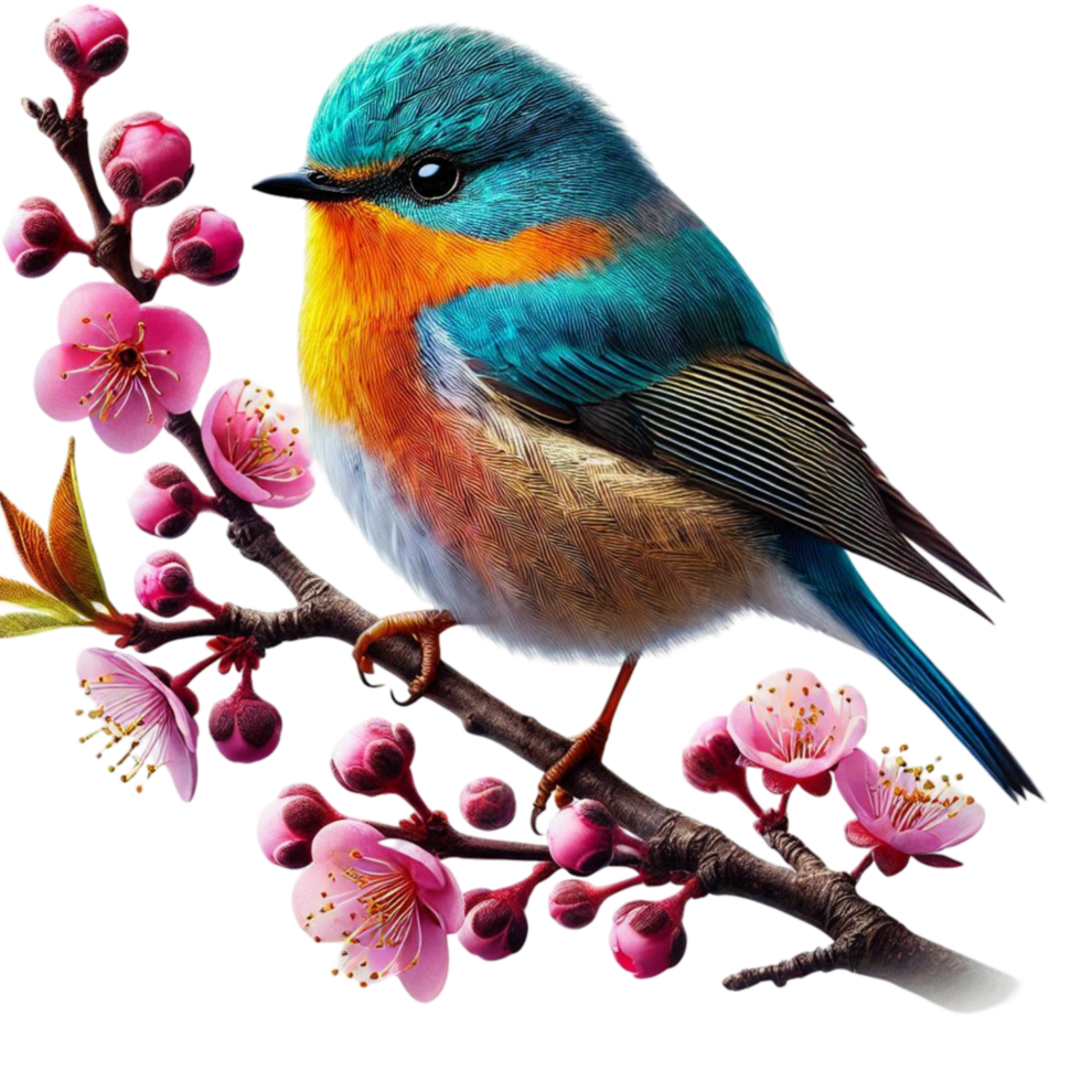 Bright and Colorful Bird on Cherry Blossom Branch png