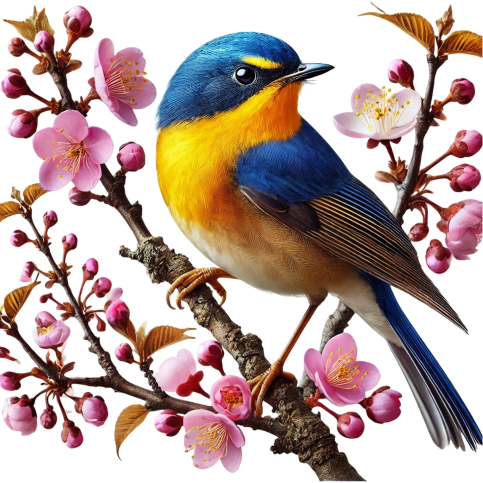 Yellow and Blue Bird on Blossoming Branch png