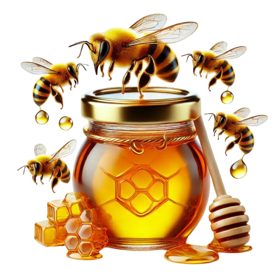 Honey Jar with Bees and Golden Drips png