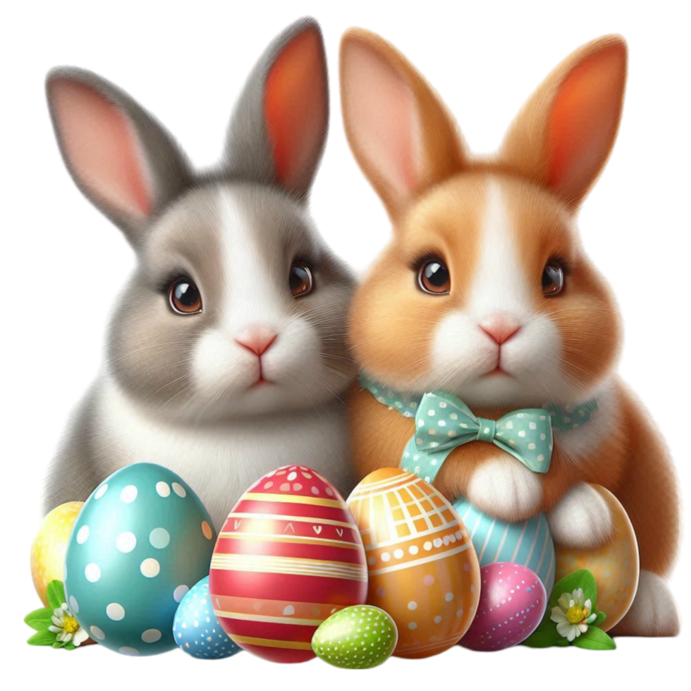 Adorable Easter Bunnies with Festive Eggs png