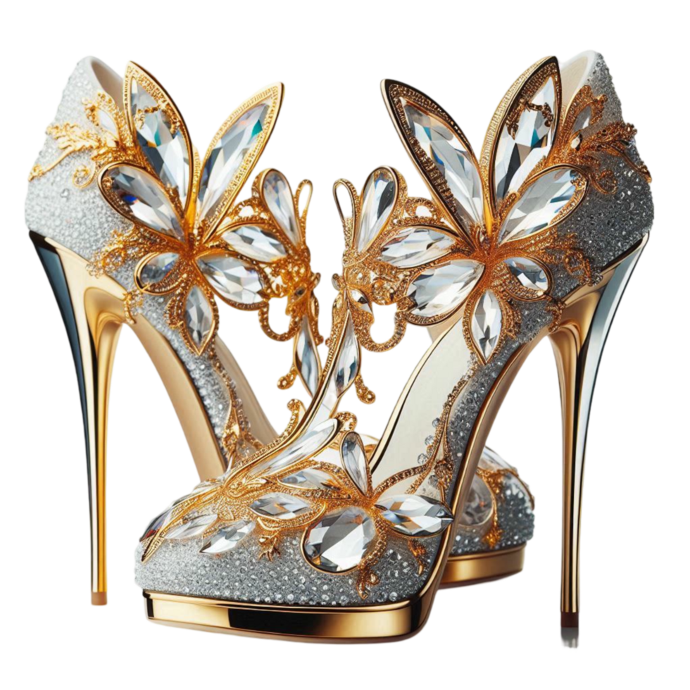 Elegant Golden High Heels with Butterfly Accents png