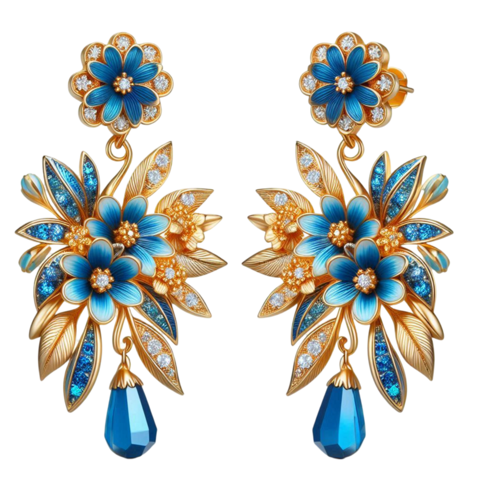 Golden Earrings with Blue Flowers and Crystals png