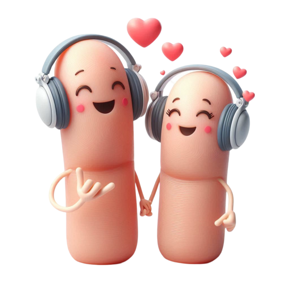 Finger Couple with Headphones and Love Hearts png