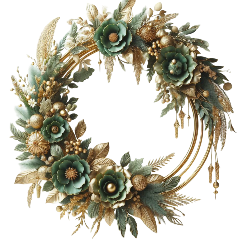 Elegant Golden Wreath with Green Gem Accents png