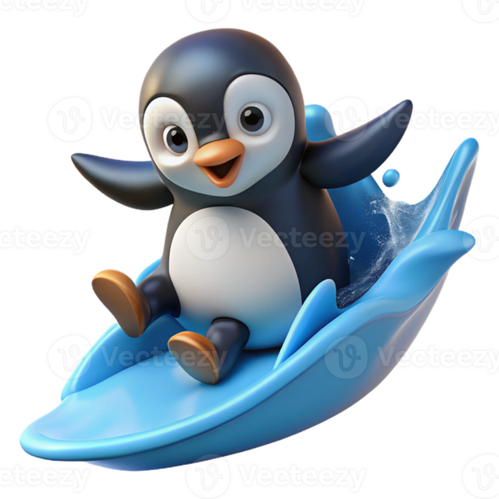 magnificent classic Happy Penguin Surfing 3D Render exclusive png
