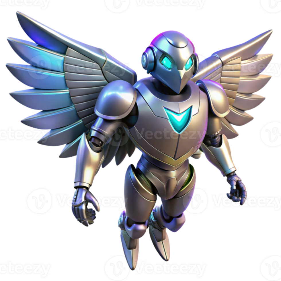 beautiful traditional Silver Winged Robot 3D Render high quality png