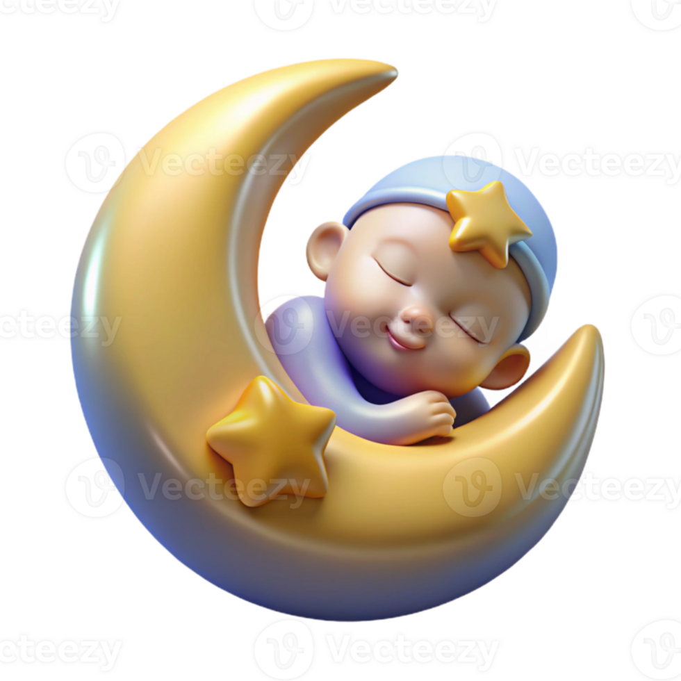 beautiful classic Sleeping Baby on Crescent Moon 3D Render premium png