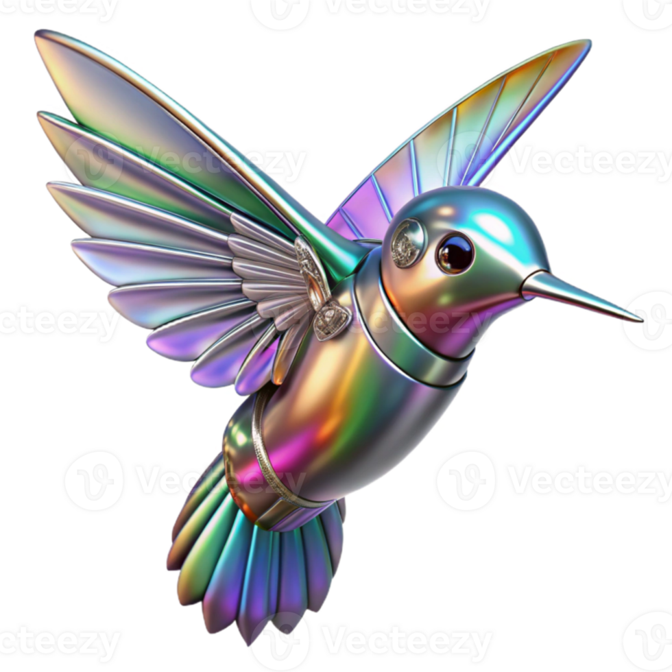 magnificent abstract iridescent robotic hummingbird 3D render detailed png