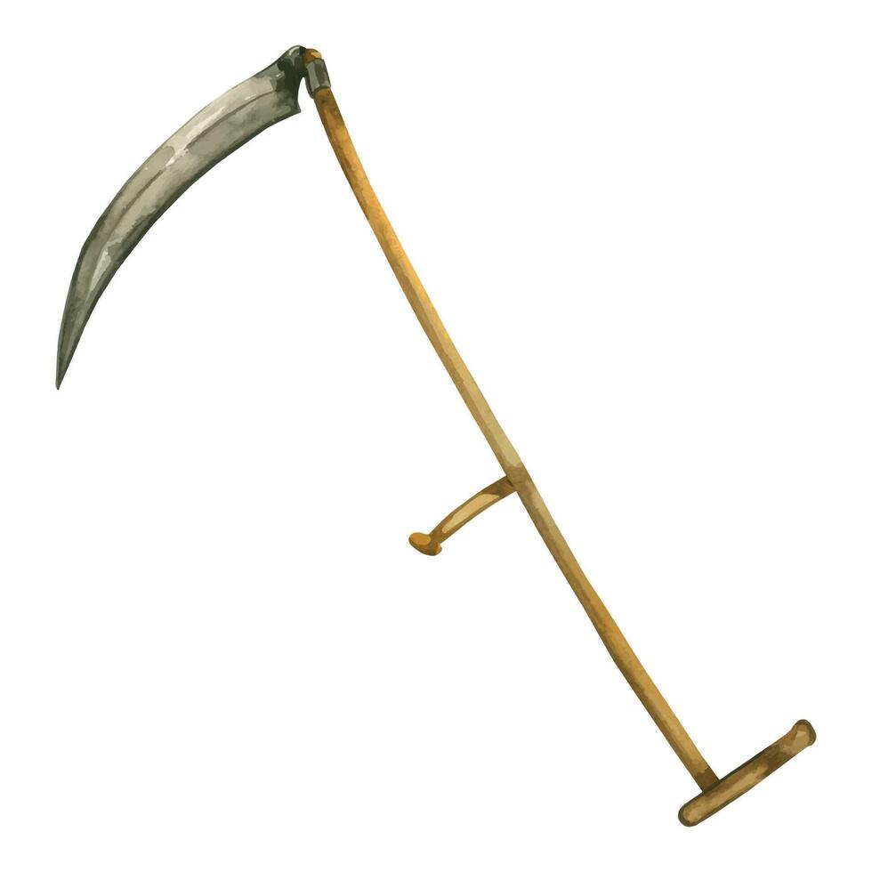 Scythe, tool for mowing grass, harvesting. Garden tool hand drawn in watercolor and isolated on white background. Watercolor illustration. Suitable for package design, festival, Halloween vector