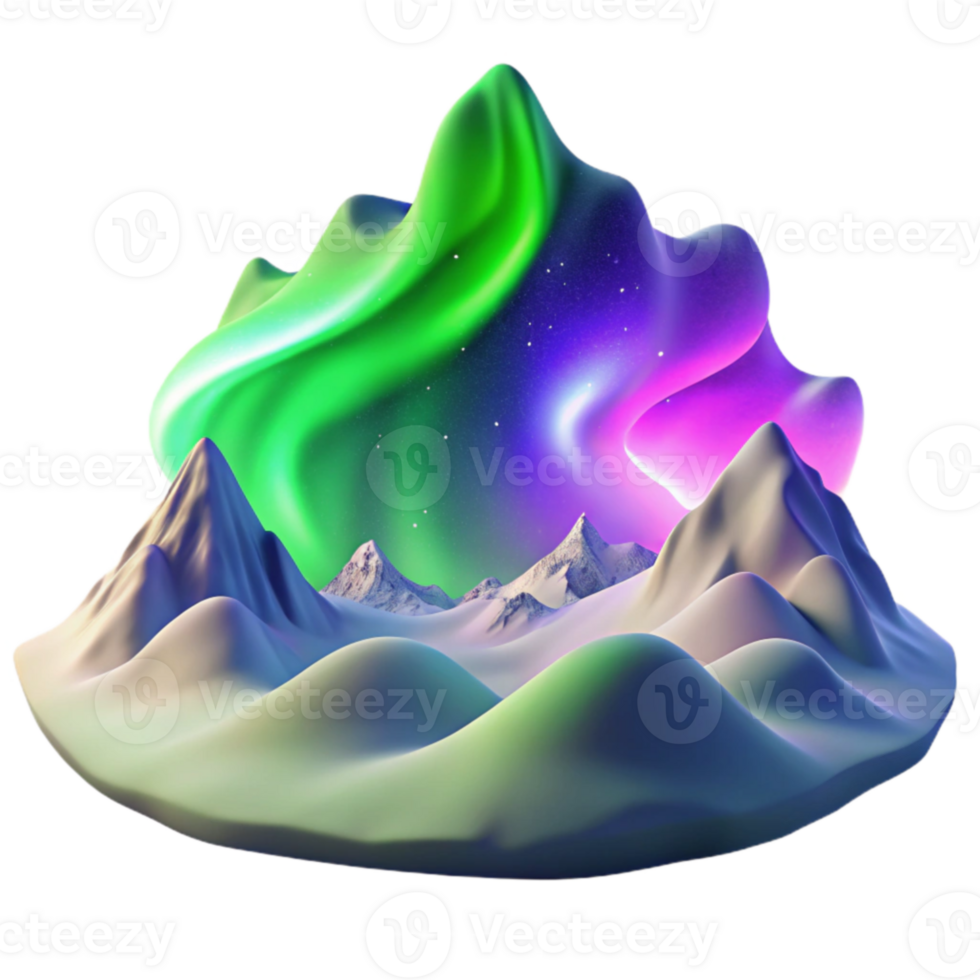Aurora Borealis 3D Illustration Snowy Mountains and Night Sky png