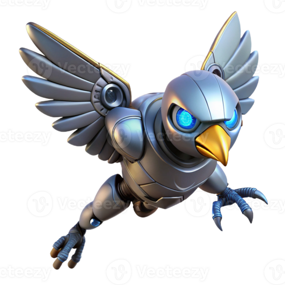 extraordinary contemporary Metallic Bird Robot 3D Render authentic png