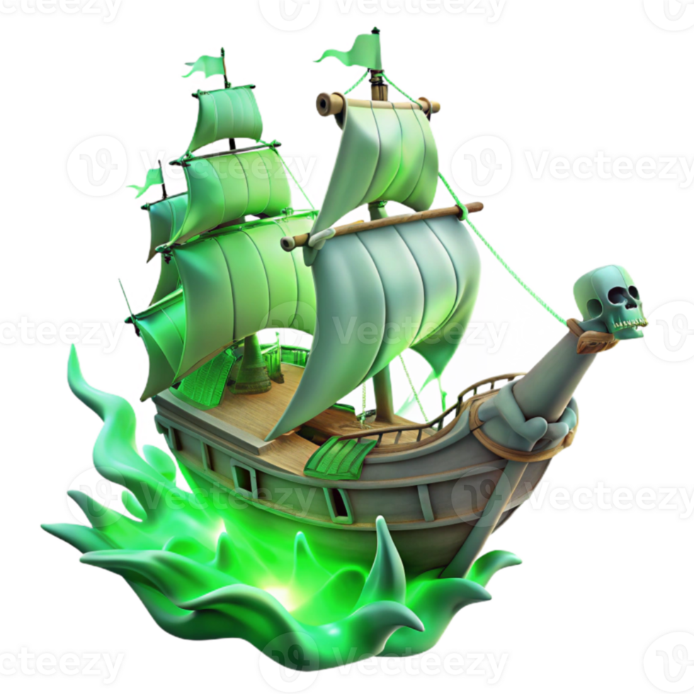 Ghost Ship 3D Illustration Glowing Green Pirate Vessel png