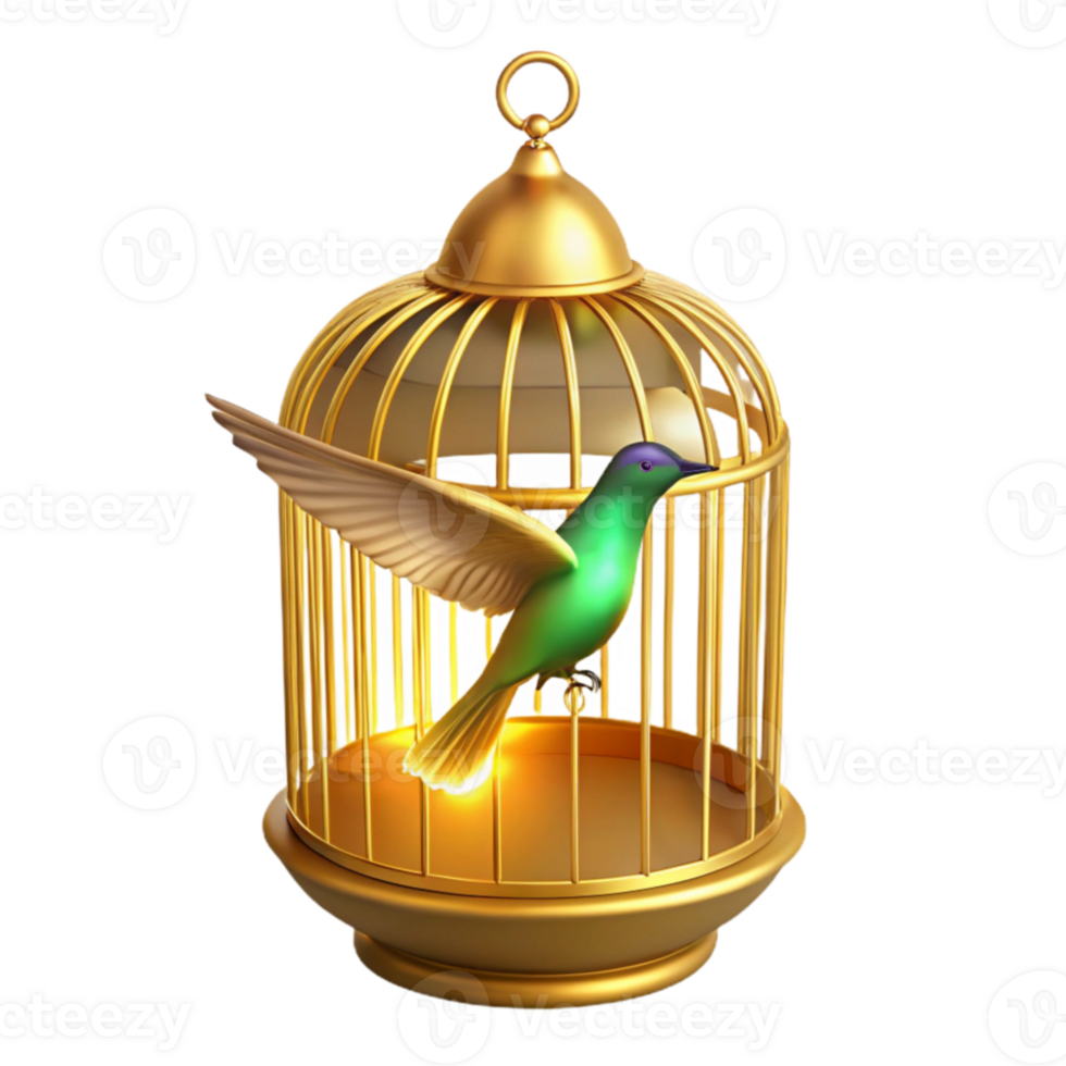 Golden Birdcage 3D Illustration A Captive Hummingbird png