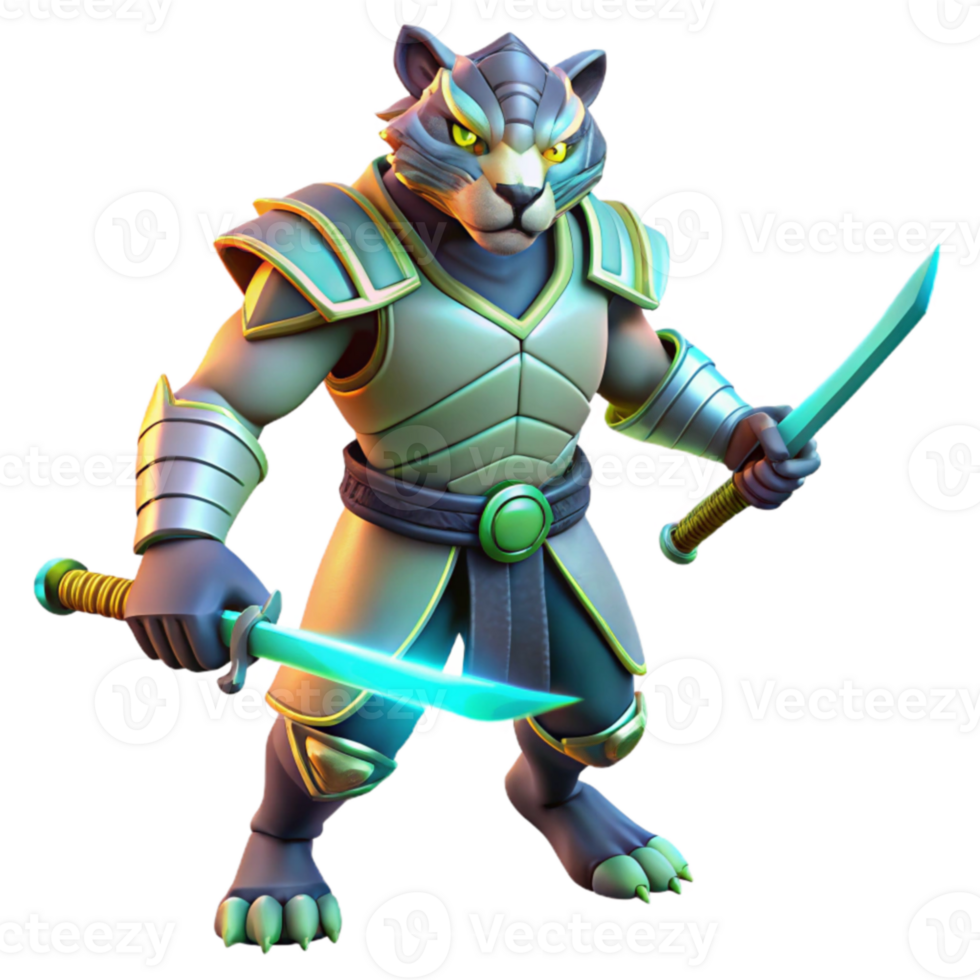 3D Illustration Warrior Cat with Swords png