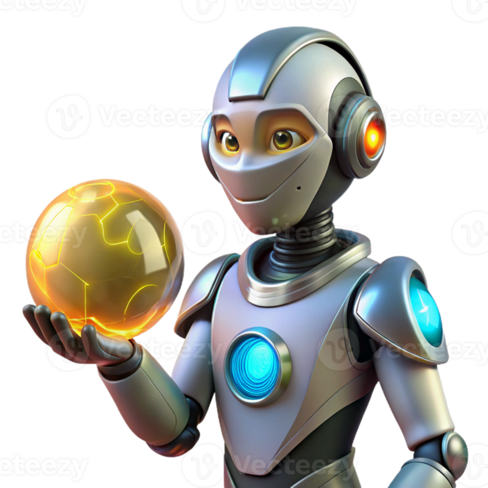 Friendly Robot Holding Glowing Orb 3D Render png