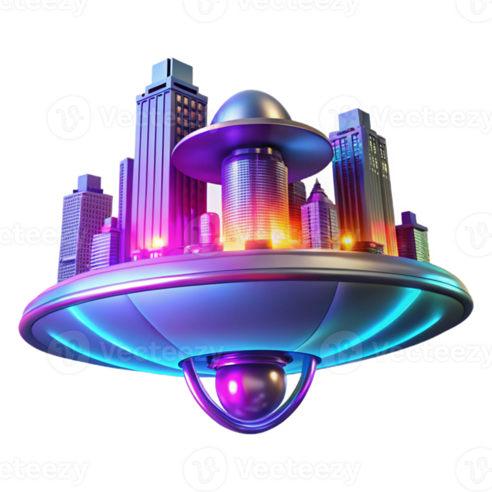 3D Cityscape on Flying Saucer Illustration png