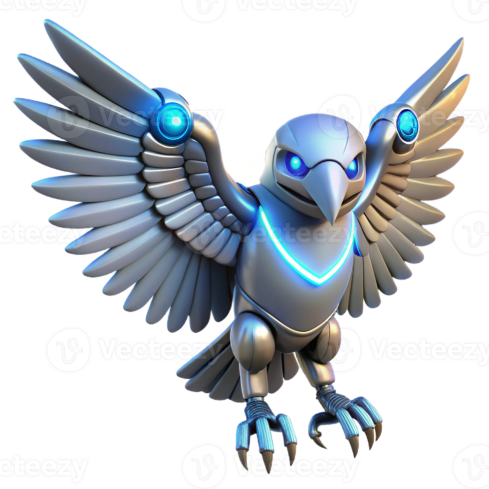 magnificent minimalist Metallic Bird Robot 3D Render high quality png