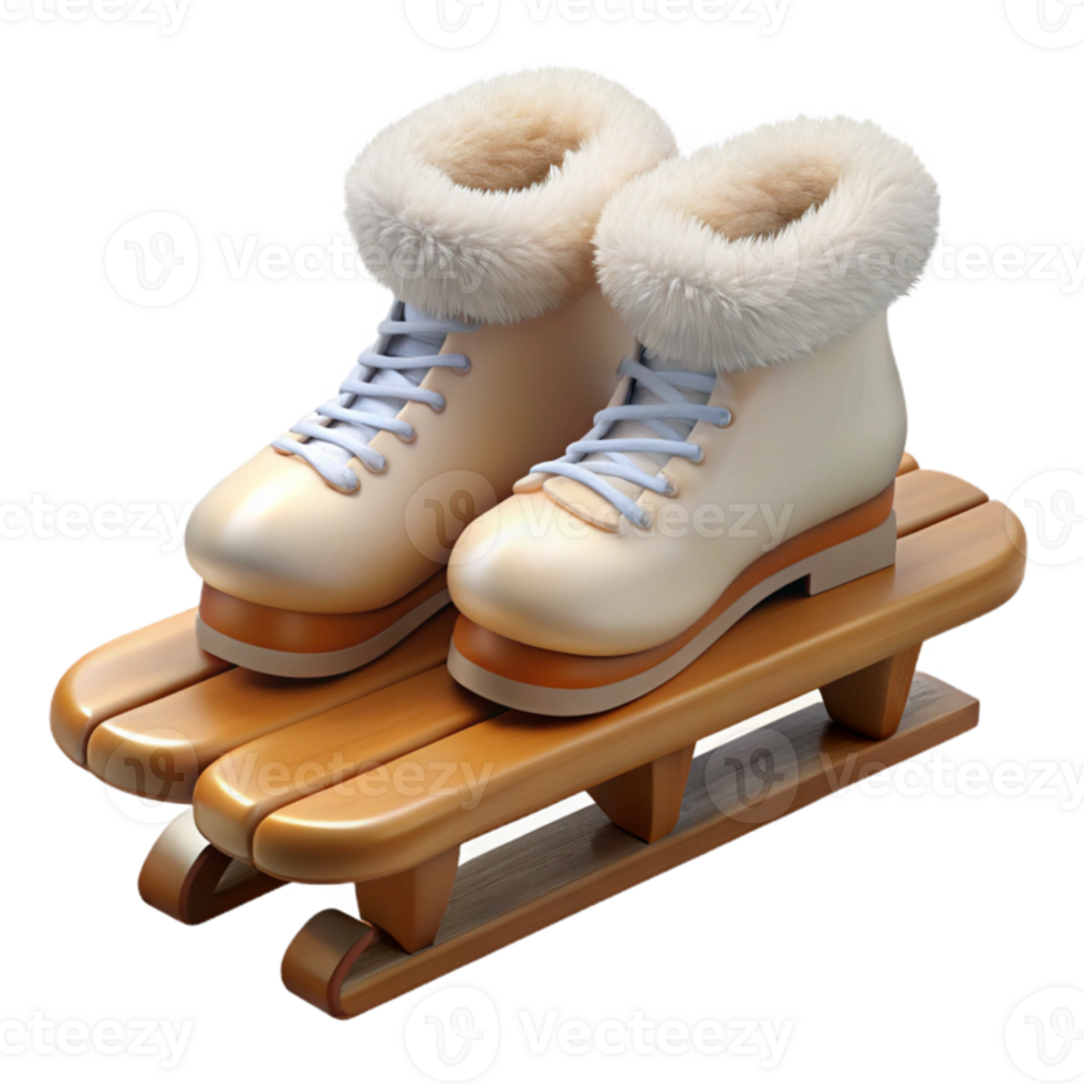 Winter Fun 3D Render Ice Skates on Wooden Sled png