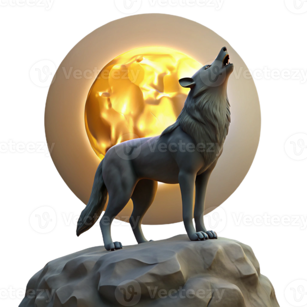serene modern 3D Render Wolf Howling at Golden Moon premium png