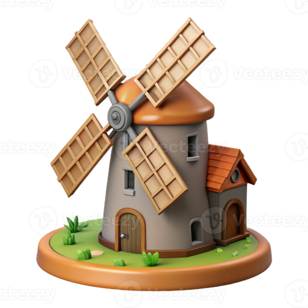 vibrant minimalist Cartoon Windmill 3D Render detailed png