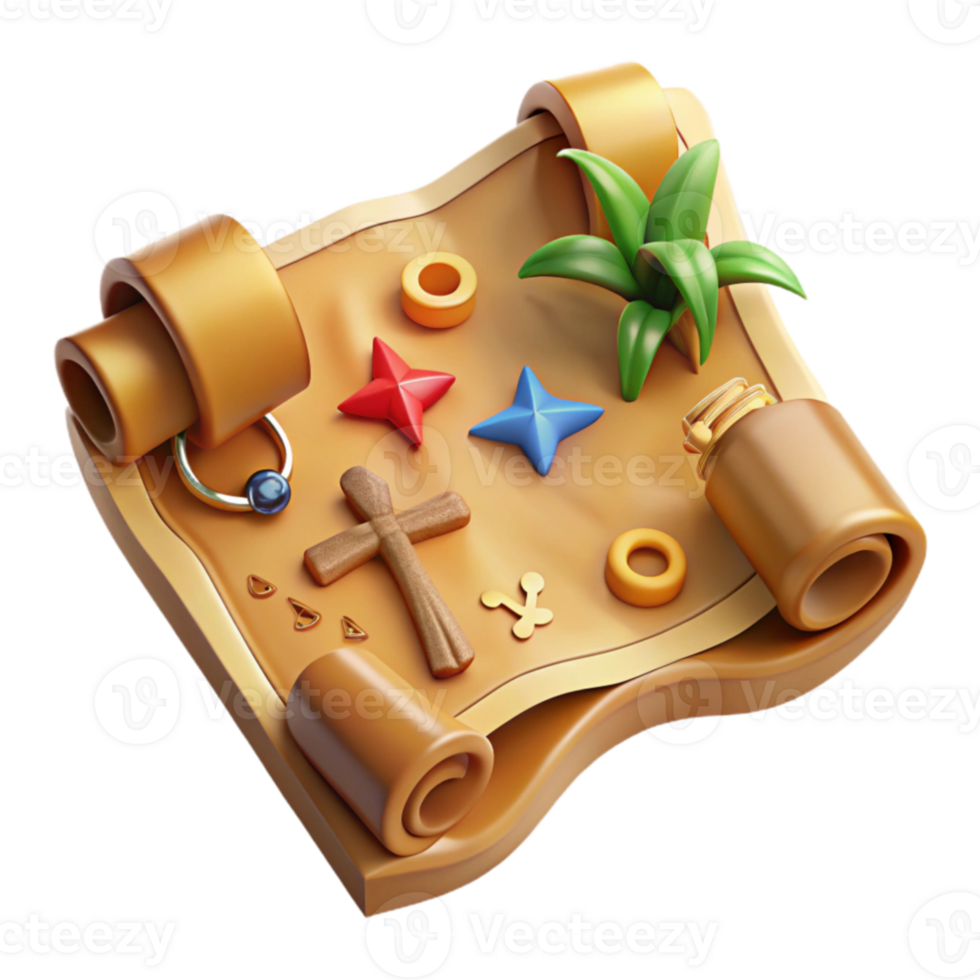 3D Treasure Map Illustration Rolled Parchment with Jewels and Symbols png