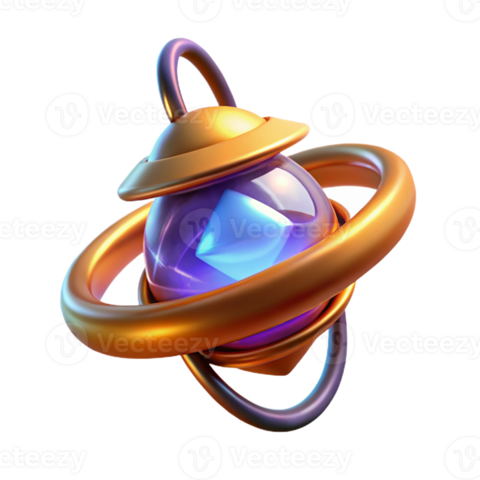 Abstract 3D Orb Golden Rings and Purple Gem png