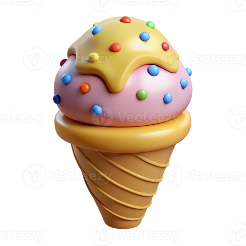 3D Ice Cream Cone Illustration Colorful Scoops and Sprinkles png