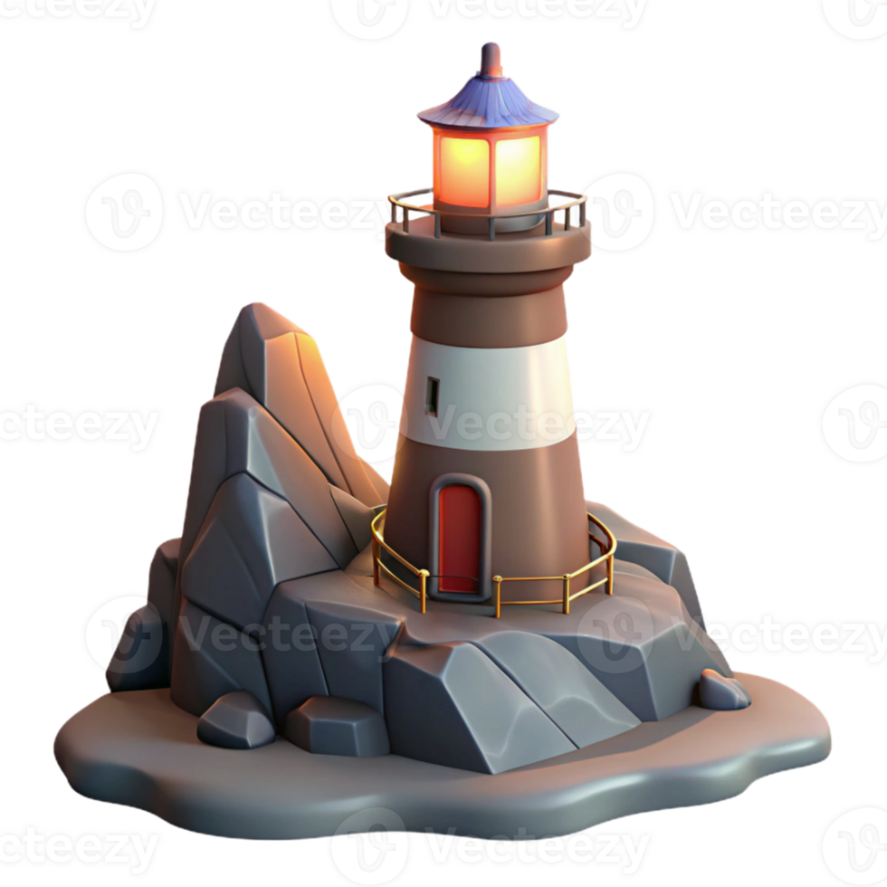 serene modern Lighthouse 3D Model on Rocky Island original png