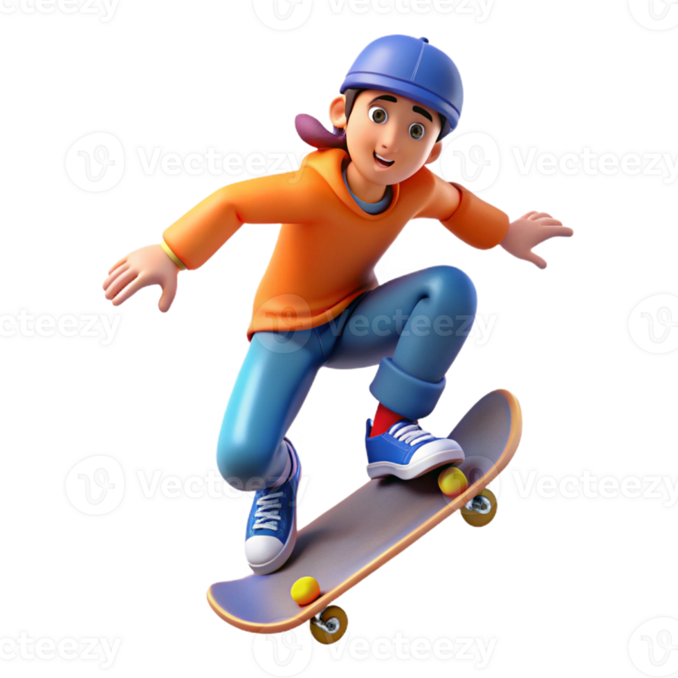 serene modern 3D Illustration Skateboarding Boy authentic png