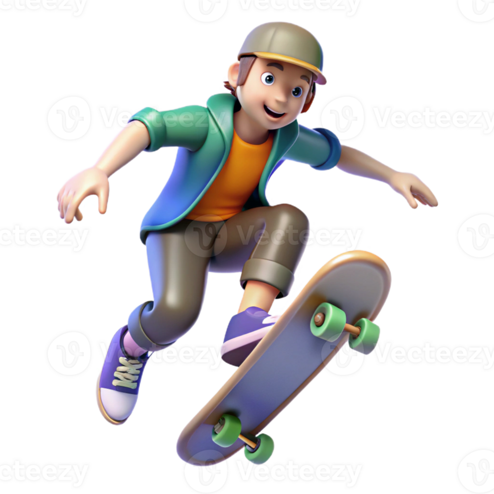 wonderful modern 3D Illustration Cartoon Boy Skateboarding professional png