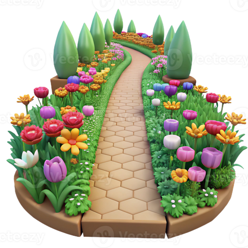 3D Garden Path Illustration Colorful Flowers and Hexagon Tiles png