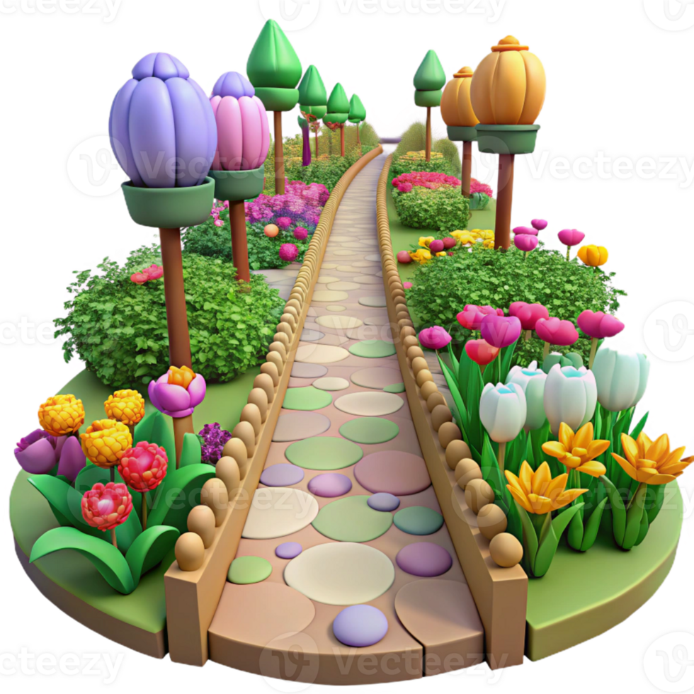 3D Garden Path Illustration Colorful Flowers and Stone Walkway png