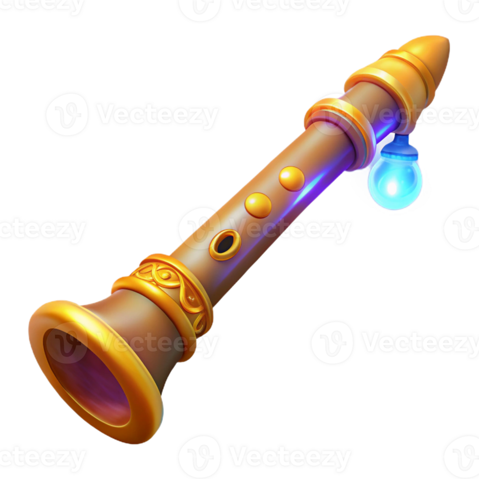 vibrant contemporary Golden Magical Flute 3D Render detailed png