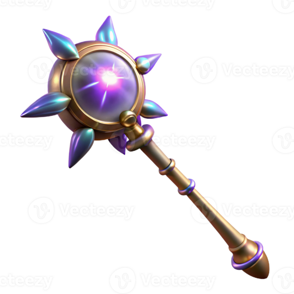 3D Render Magical Staff, Golden Purple png