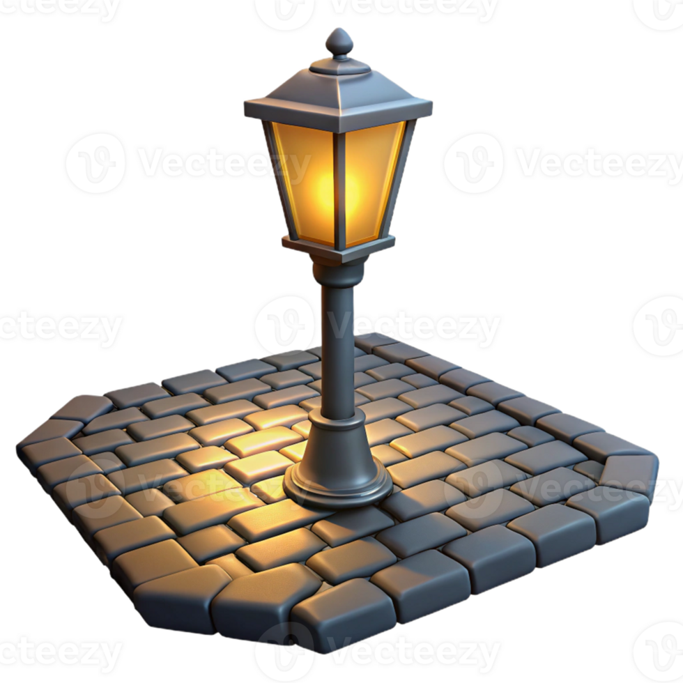impressive minimalist 3D Lit Street Lamp on Cobblestone Pavement authentic png
