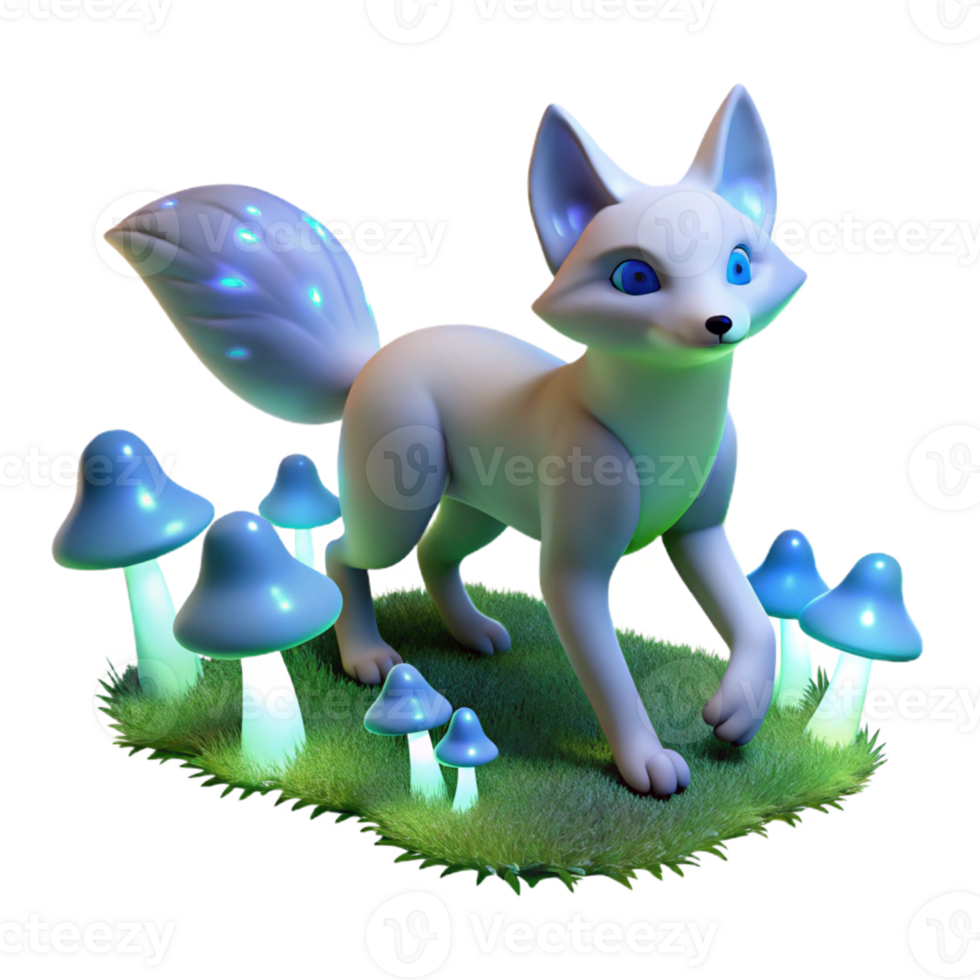 elegant modern Arctic Fox 3D Render Glowing Mushrooms authentic png