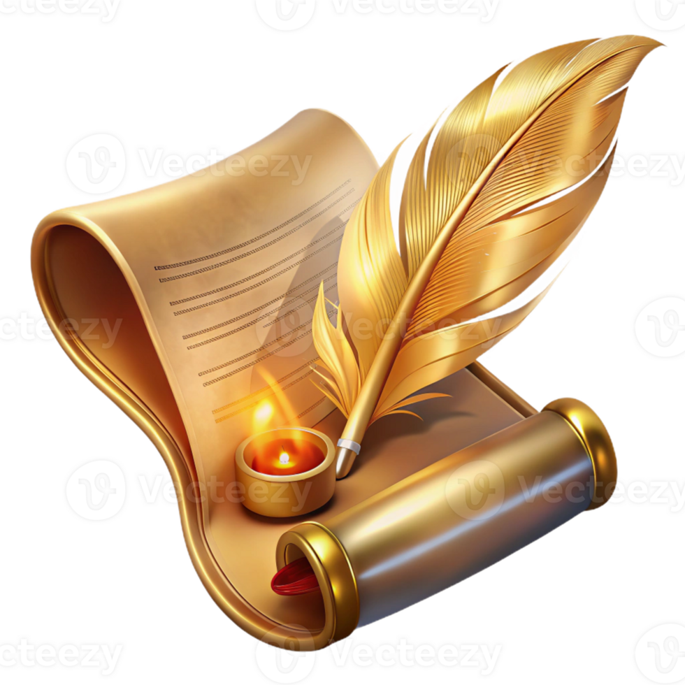 elegant traditional Golden Quill and Scroll 3D Illustration high quality png