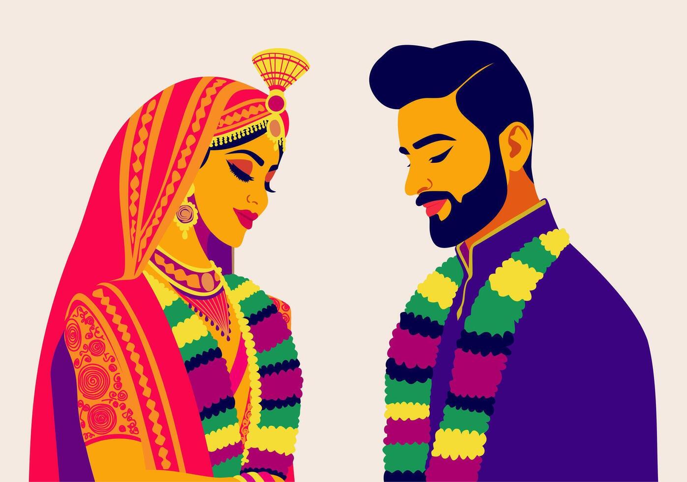 Indian wedding. Groom and bride in wreaths of flowers on necks. isolated illustration vector